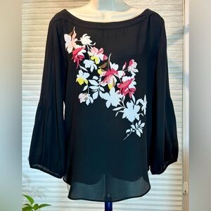 Ann Taylor Factory Black Floral-Print Long Sleeve Blouse